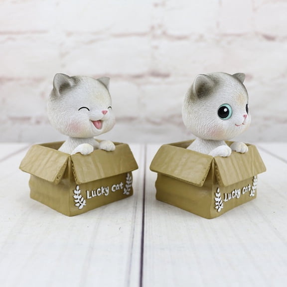 GETAJGHSD 2Pcs White Resin Bobblehead Cat Ornament for Car Decoration Nodding Head Movement Cat Lovers