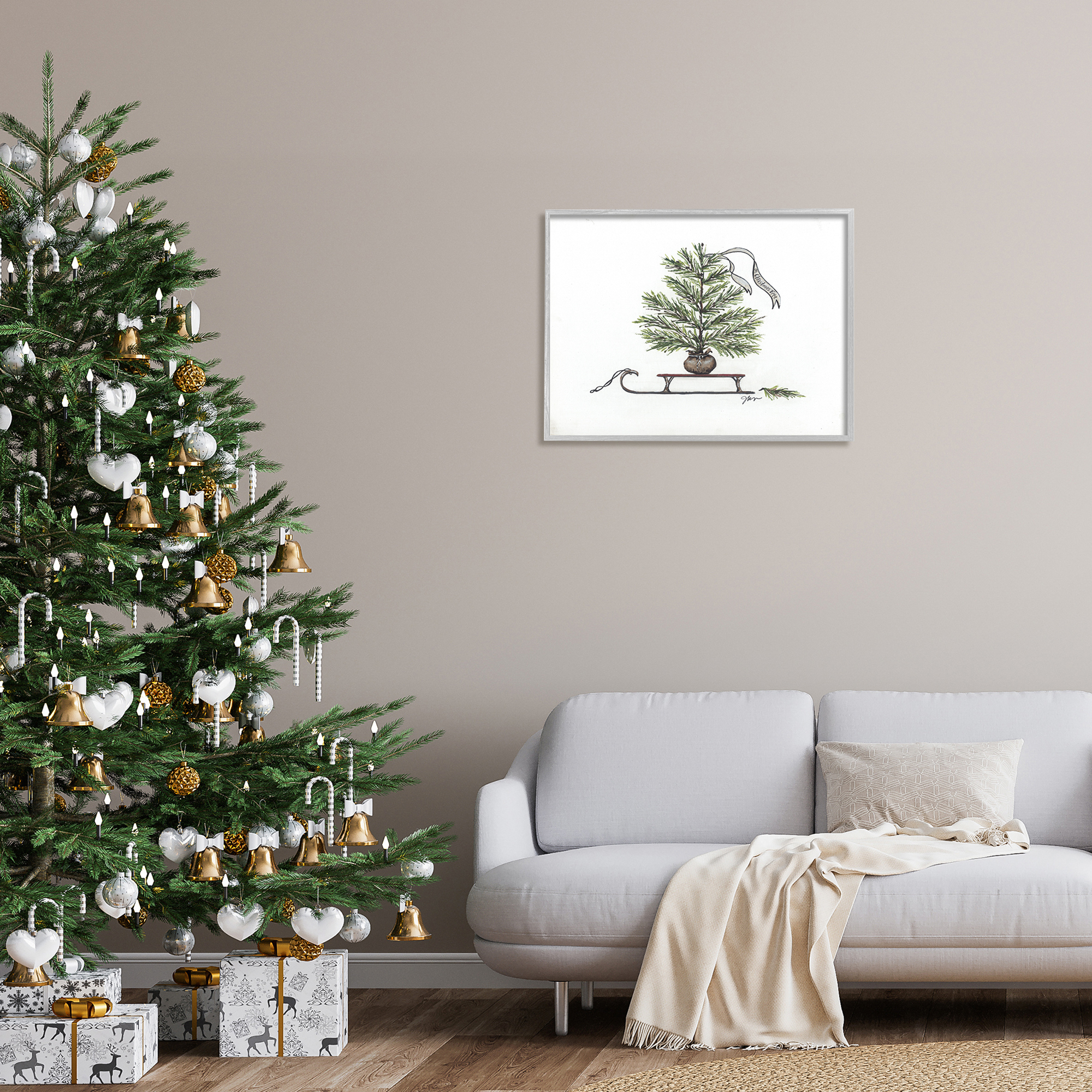 Endearing Christmas Fir Tree Sleigh Festive Ribbon Botanical & Floral Painting Framed Art Print Wall Art