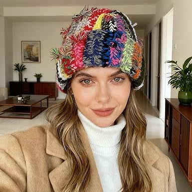 Winter Beanie,Colorful Striped Thermal Beanie,Comfortable Knitted Hat - for Winter Daily Commuting Skiing Indoor Outdoor Travel Office