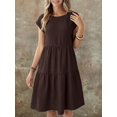 thumbnail image 5 of Womens Chocolate Brown Boho Midi Dress, Short Sleeve Round Neck Linen-Like, 5 of 7