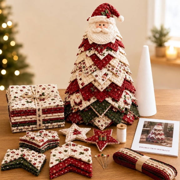 DIY Quilted Santa Christmas Tree Kit, Fabric Patchwork Set, Handmade | Holiday Tabletop Decor, Layered Ornament, Sewing Craft for Adults, Snowman Tree, Charming Quilting Gift(E)