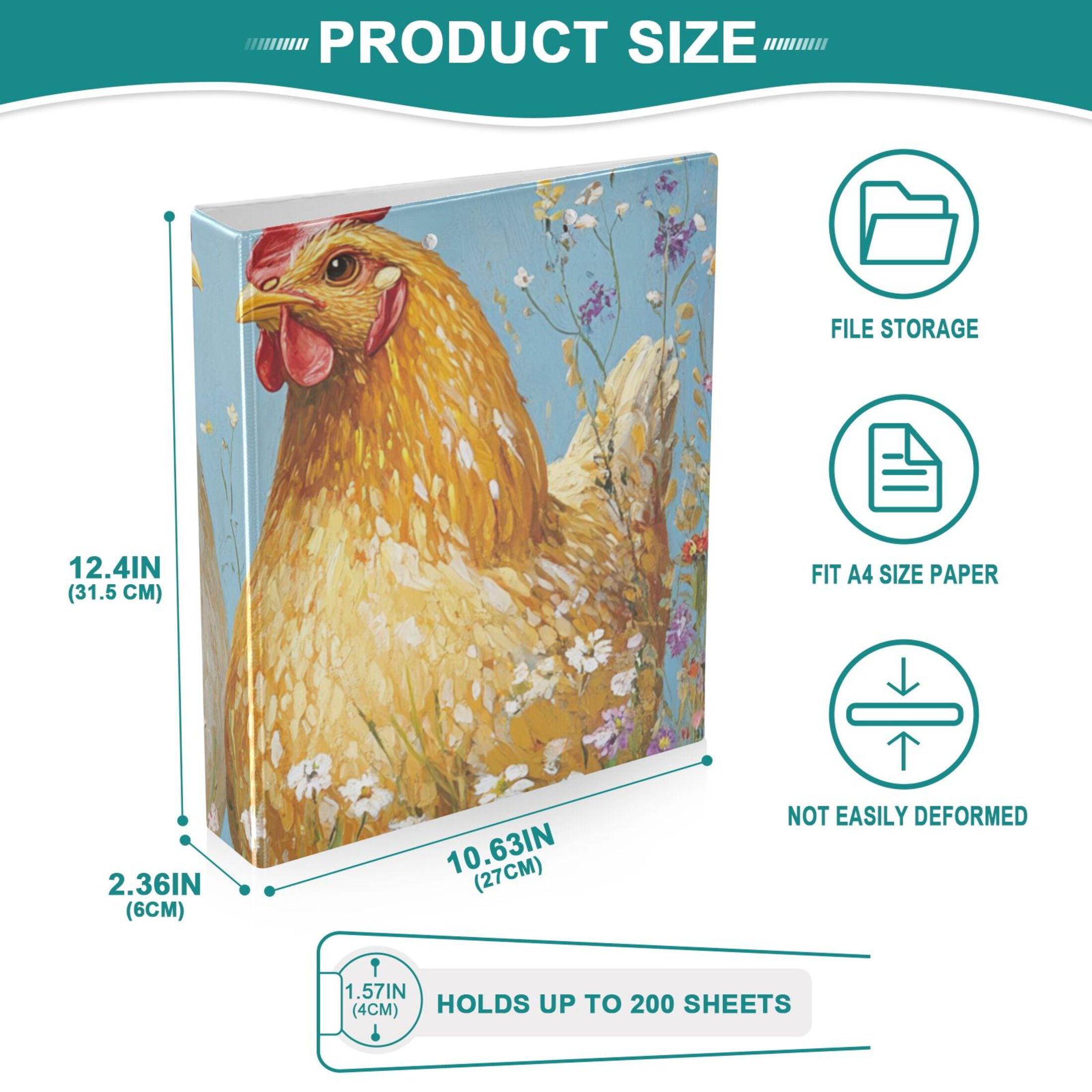 Two Chickens Flowers 3 Ring Binders 1.5 inch Hardcover File Folders with Interior Pockets A4 Size Organizer for School Office Hospital
