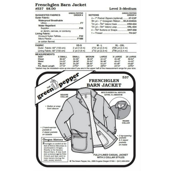 Adult's Frenchglen Barn Jacket Coat Outerwear Cold Weather #537 Sewing Pattern (Pattern Only)