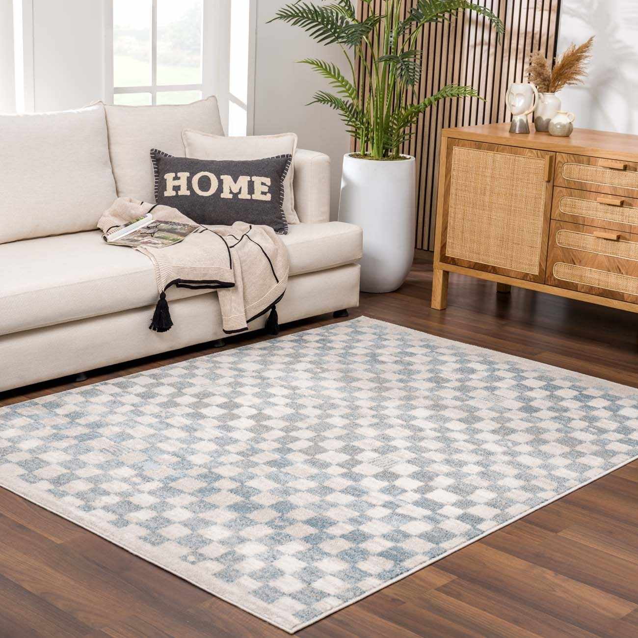 BoutiqueRugs Benjy Light Blue Checkered Area Rug - Cream, Silver Blue - 5'3" x 7'