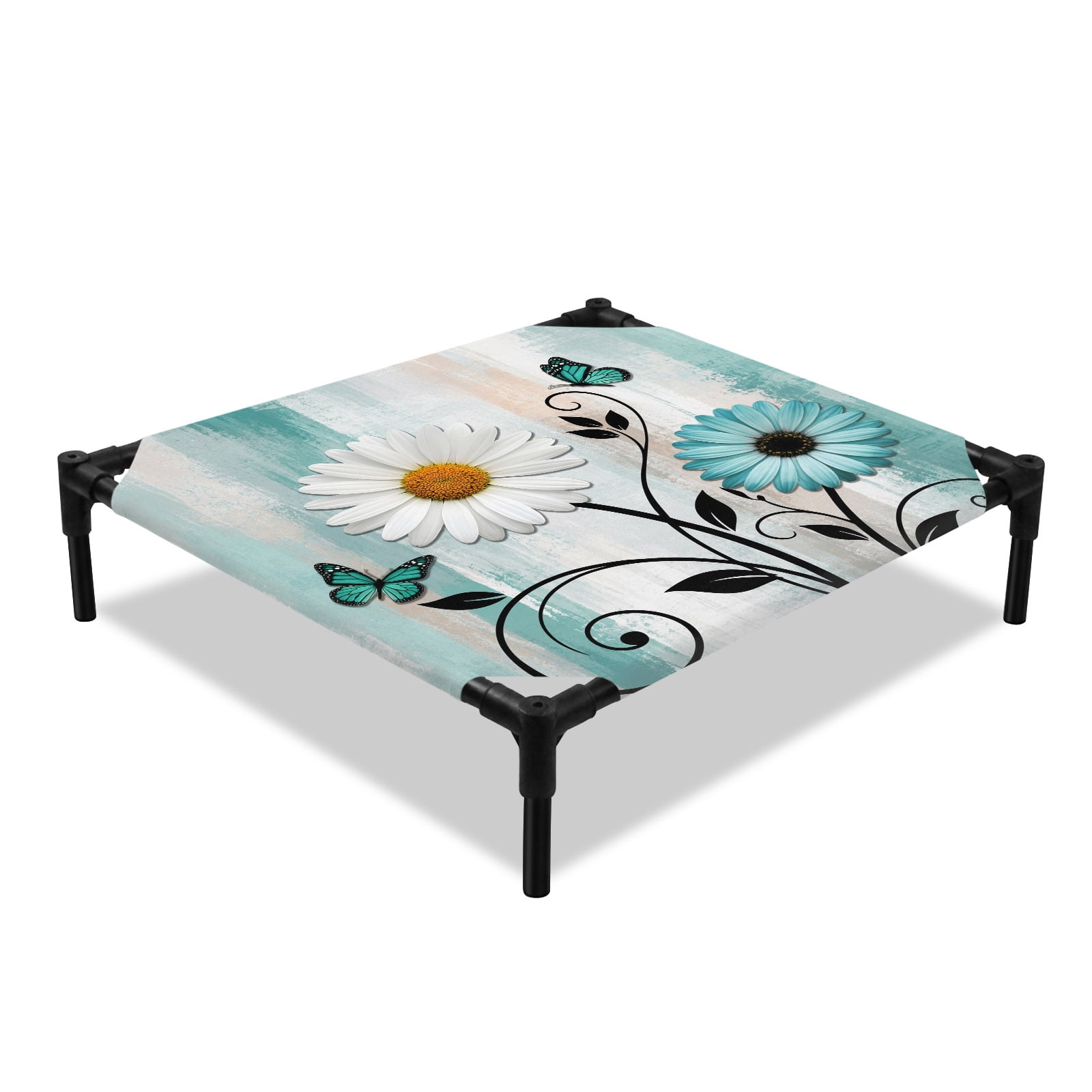White Teal Daisy Elevated Dog Bed Rustic Floral Turquoise Flower Butterfly Vines Cooling Breathable Outdoor Raised Dog Cot Bed with Metal Frame Non-Slip Feet for Small Dog 20x20in