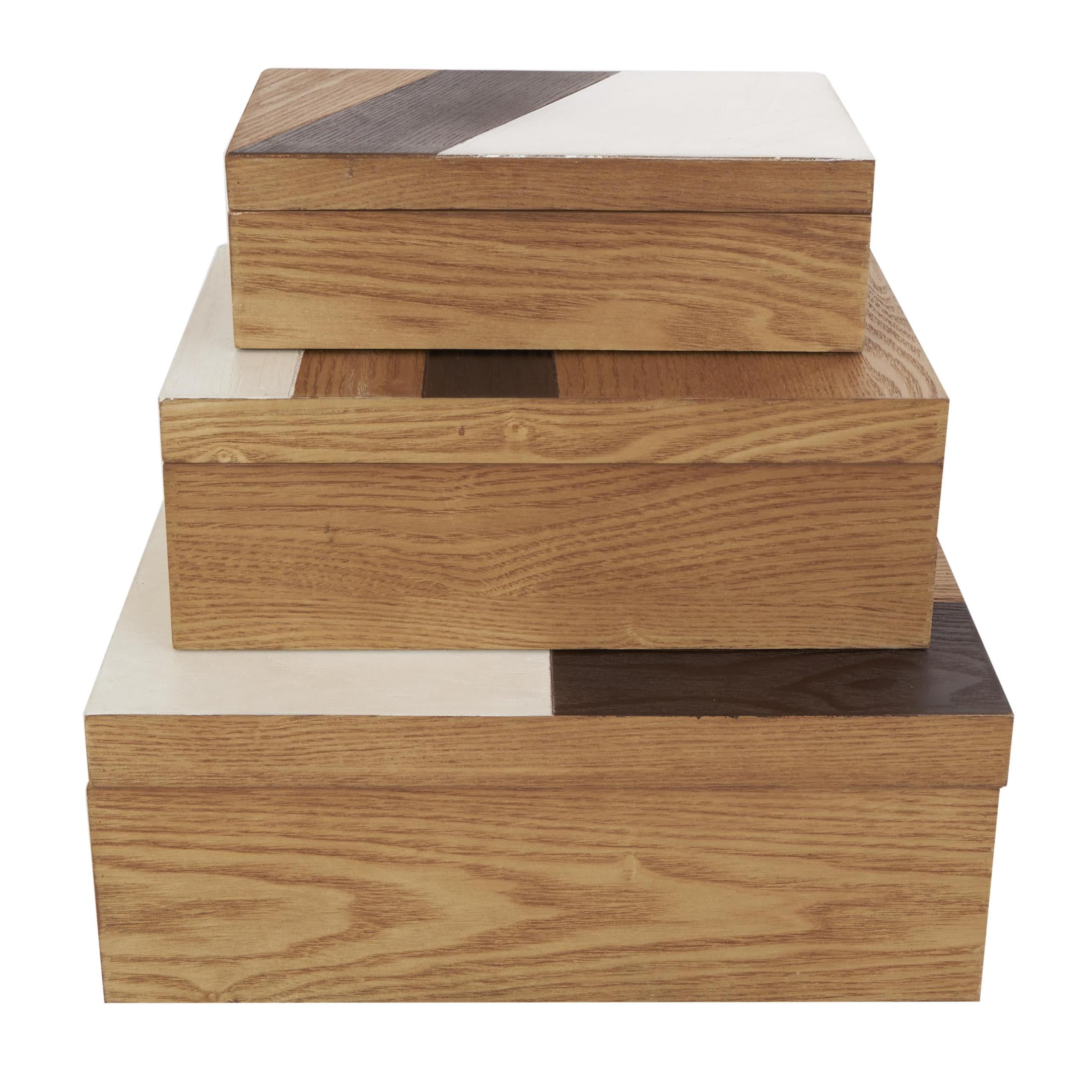 DecMode Geometric Brown Wooden Decorative Box with Cream and Dark Brown Stripes, 3 Count