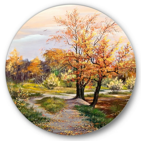 Designart 'The Orange Woods Along River' Country Circle Metal Wall Art 36x36 - Disc of 36