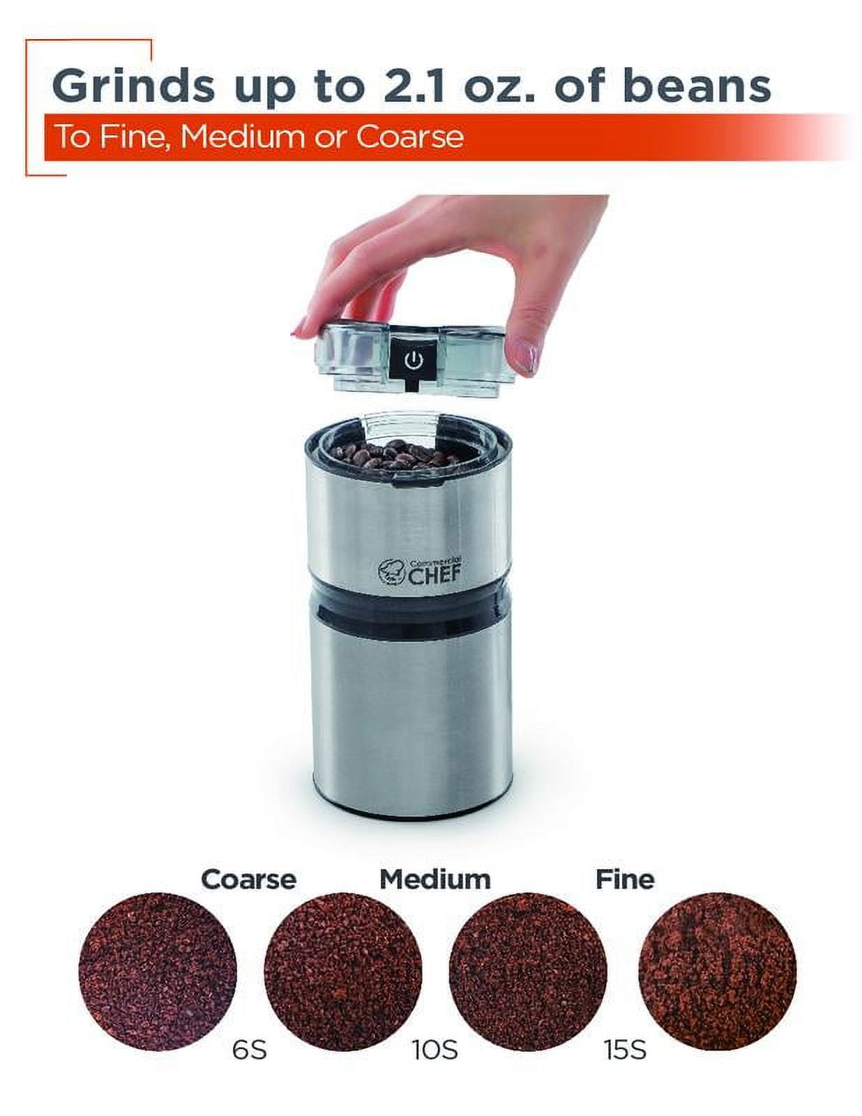 Commercial Chef Electric Coffee Grinder, Brushed Stainless Steel Texture and Transparent Lid