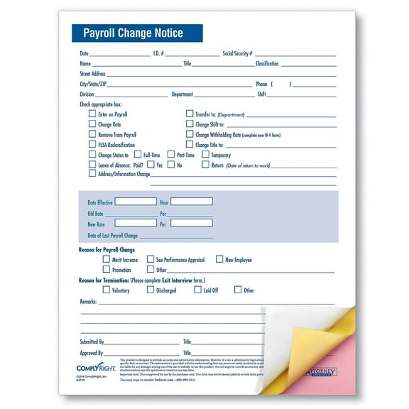 ComplyRight Payroll Change Notice Forms, 3-Part, 8 1/2" x 11", White, Pack Of 50