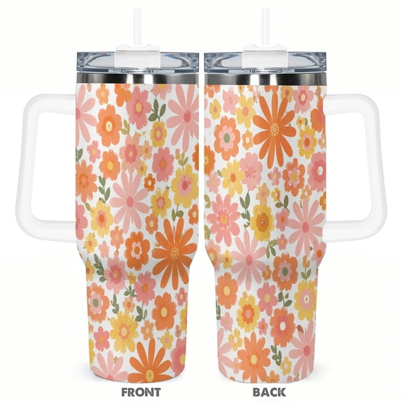 40oz Retro Floral Insulated Tumbler with Handle and Straw Cute Daisy Travel Coffee Cup Gift for Women
