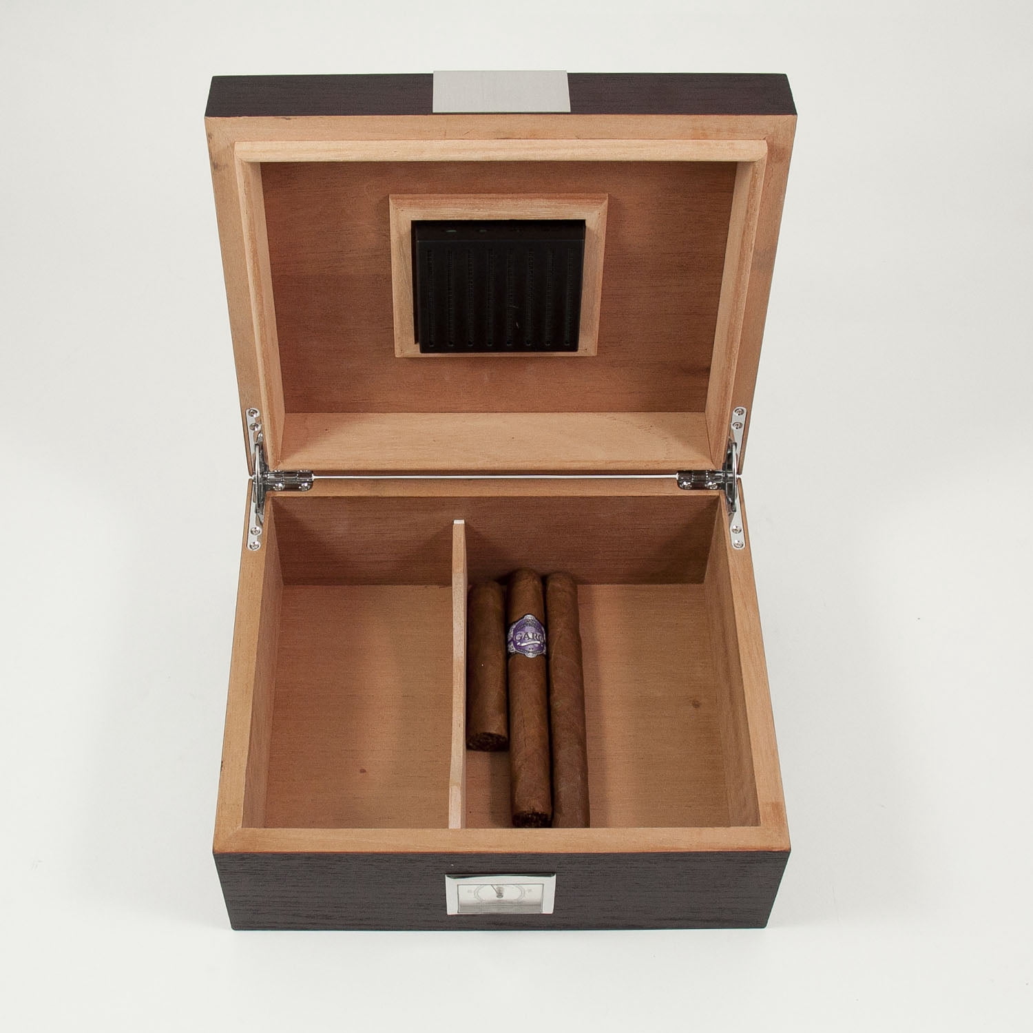 "Espresso" Wood Cigar Humidor with Spanish Cedar Lining. Holds Up To 50 Cigars and Includes a Humidistat, External Hygrometer and Stainless Steel Accents.