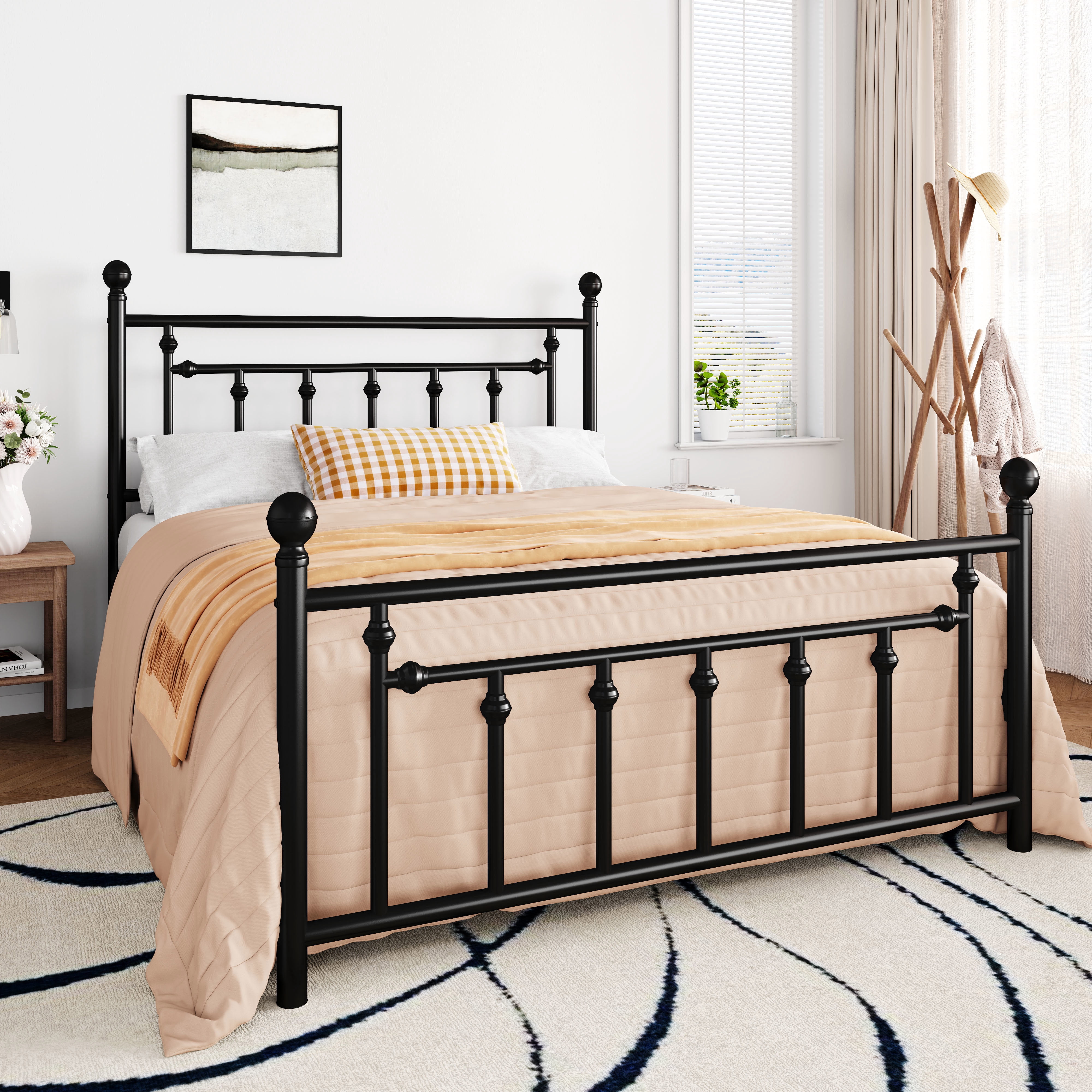 Amolife Queen Bed Frame, Metal Platform Bed with Vintage Headboard & No Box Spring Needed, Black