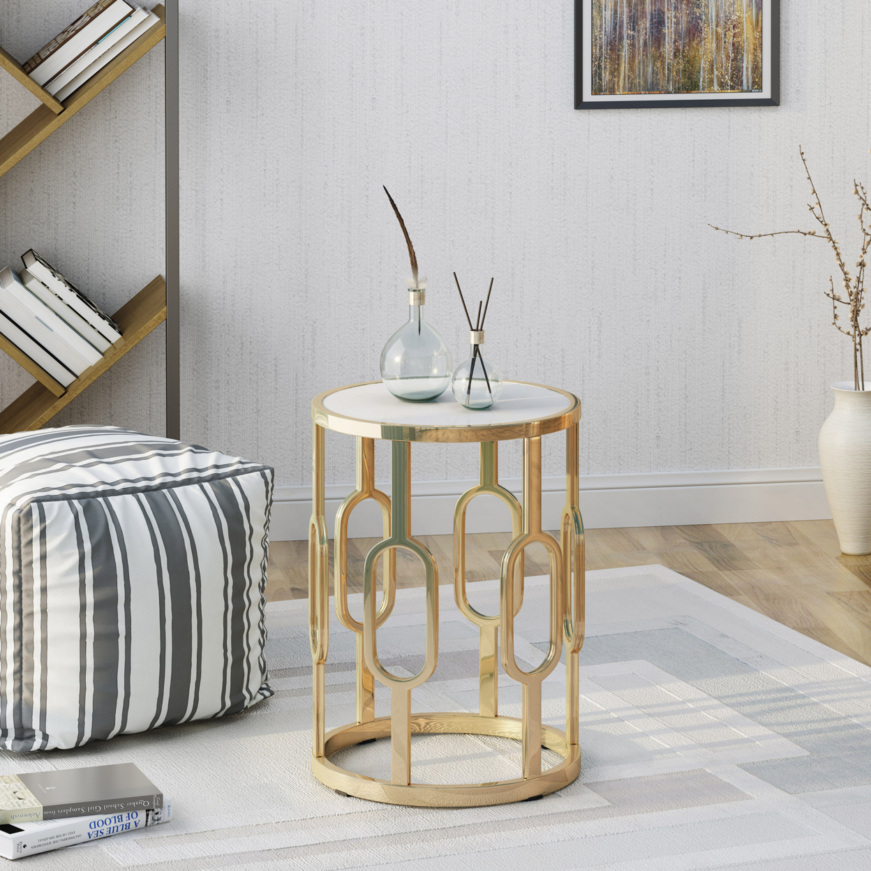 Madison Indoor Glam 16 Inch Side Table, White Finish Faux Stone - image 2 of 7