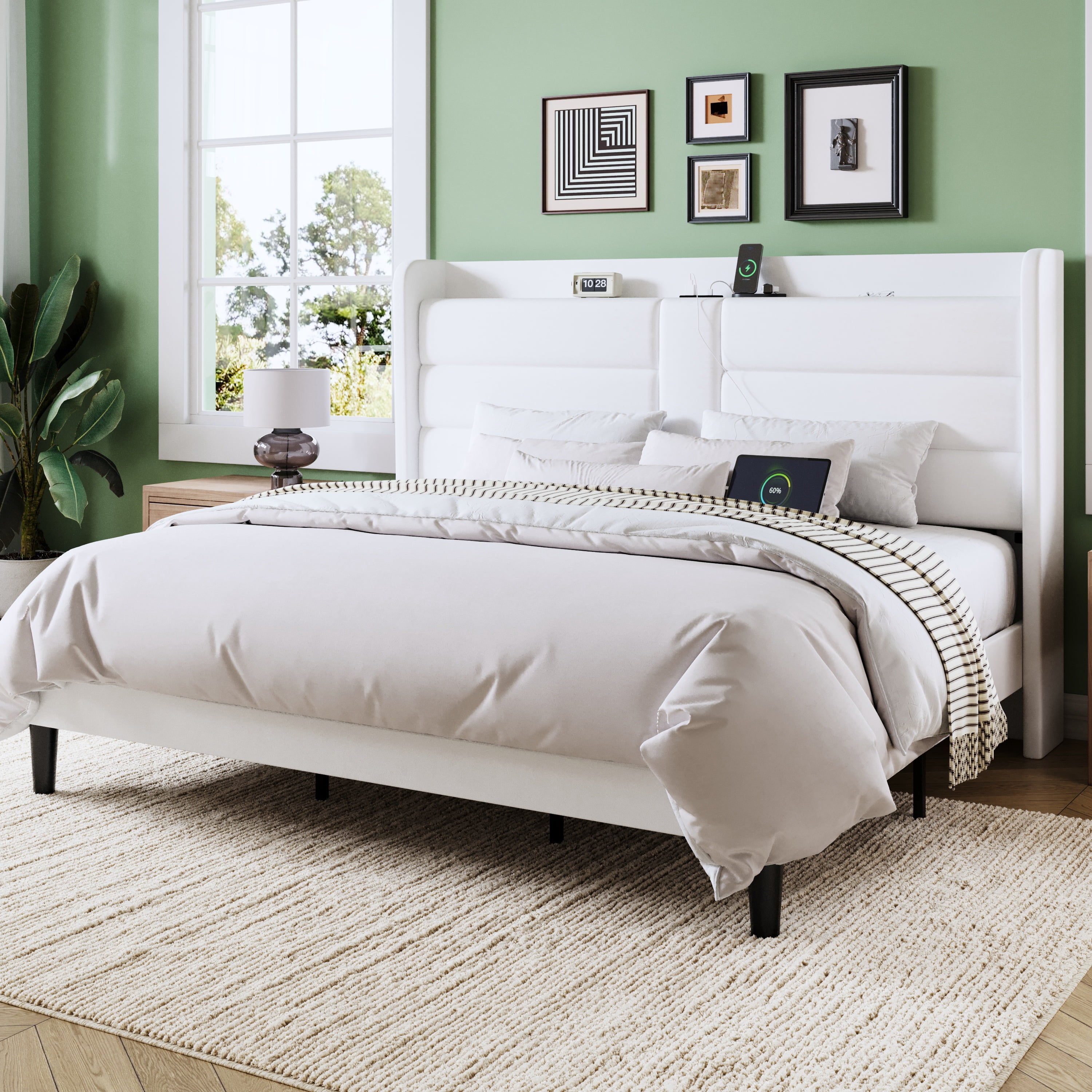 Allewie King Size Bed Frame with Charging Station, Upholstered Velvet Wingback Design & USB Port, No Box Spring Needed, White
