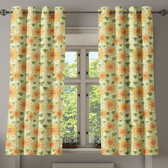 Ambesonne Sunflower Grommet Curtain, Patchwork Style Art, 50" x 54", Olive Green Orange