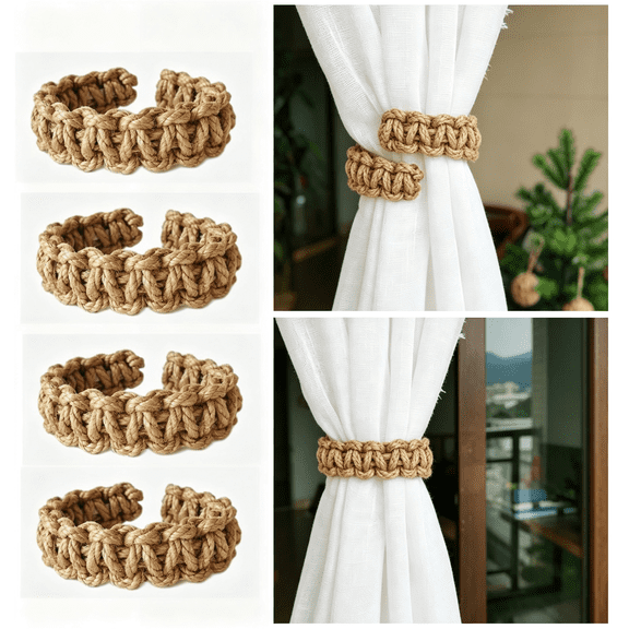 Braided Curtain Tiebacks 4 Pack, Boho Elegant Curtain Holdbacks No Drilling, Rustic Window Decorative Drapes Ties Holders for Bedroom, Linen