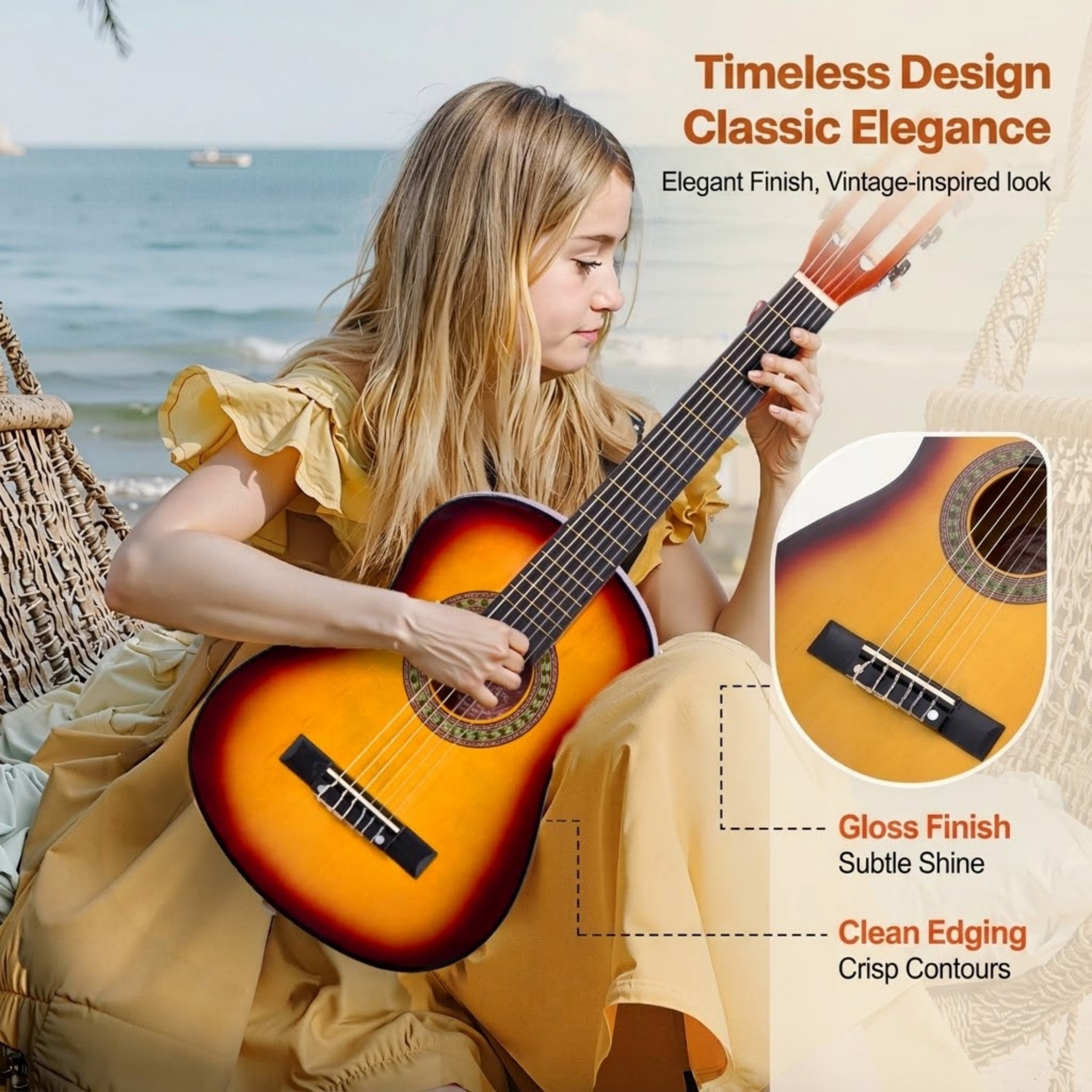 30-Inch Classical Guitar Beginner Starter Kit for Kids, Basswood Wood Guitar with Nylon Strings, Gig Bag & Tuner, Sunburst