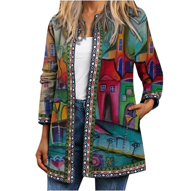 Western Ethnic Aztec Long Cardigan for Women,Vintage Print Open Front