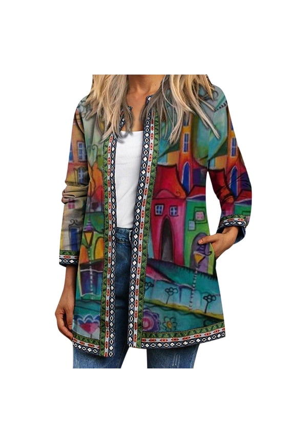 JINMGG Winter Coats for Women, 2024 Fashion Winter Clearance Women's Ethnic Jacket Sleeve Cardigan Vintage Print Lightweight Coat Tops Red XXL