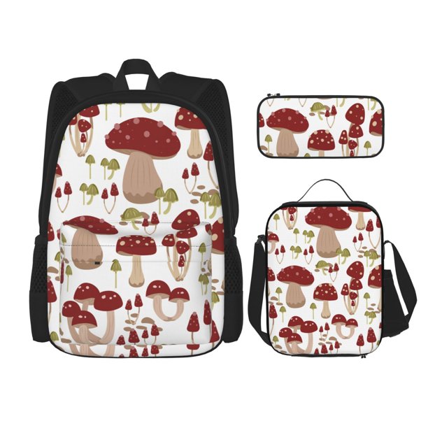 Disketp Mushroom Mochila Estampada de Gran Capacidad con Lonchera y Estuche, Set de 3 Piezas para Estudiantes