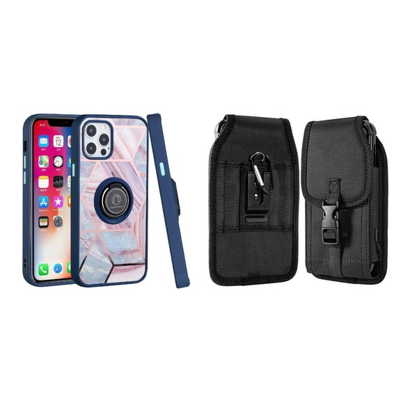 Bemz Ring Series Case for iPhone 14 Plus (TPU Silicone Cover with Magnetic Stand) and Vertical Nylon Buckle Belt Holster Pouch - Blue on Pink Marble