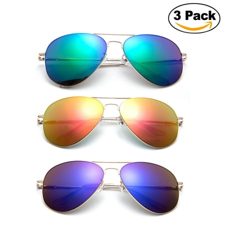 Newbee Fashion - 3 Pack Classic Aviator Sunglasses Flash Full Mirror lenses Slim Frame Super Light Weight for Men Women with Spring Hinge Clear Tip UV Protection