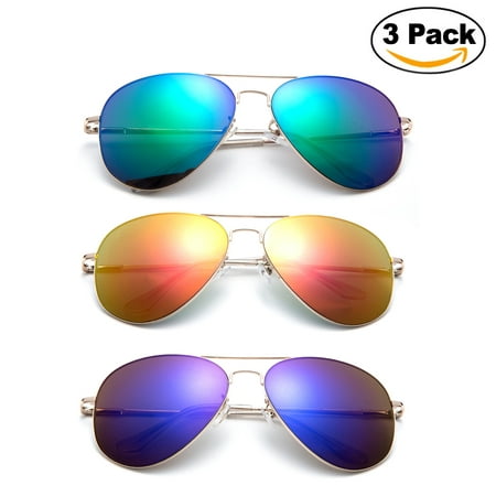 Newbee Fashion - 3 Pack Classic Aviator Sunglasses Flash Full Mirror lenses Slim Frame Super Light Weight for Men Women with Spring Hinge Clear Tip UV