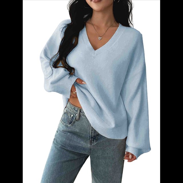 Suéter de Larga de Otoño para Mujer, Cuello en V, Informal, Ligero, de Punto Azul S