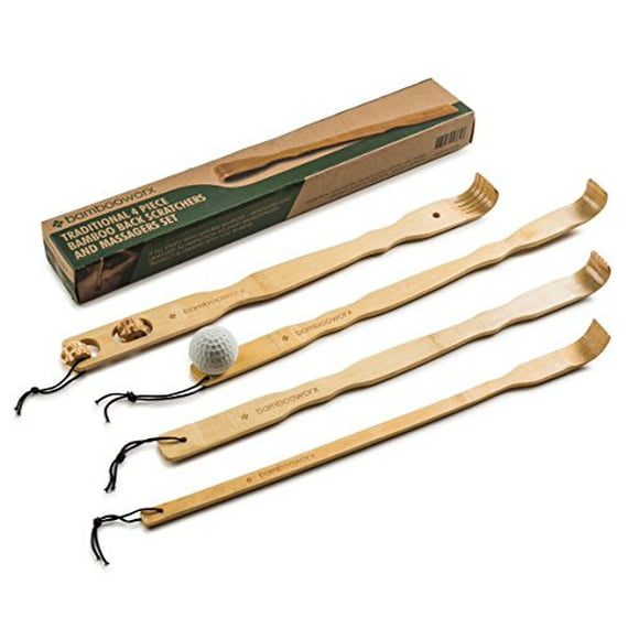 BambooWorx 4 Piece Traditional Back Scratcher and Body Relaxation Massager Set for Itching Relief, 17.5", Strong and Sturdy, 100% Natural Bamboo
