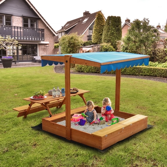 FUNTOK Wooden Sandbox for Kids, 76'' x 45'' x 45'' Sand Box with Storage Boxes & Picnic Table Foldable, Canopy Sandbox w/ Cover Outdoor, Ideal for Children Aged 2-6 for Lawn Garden Backyard Beach