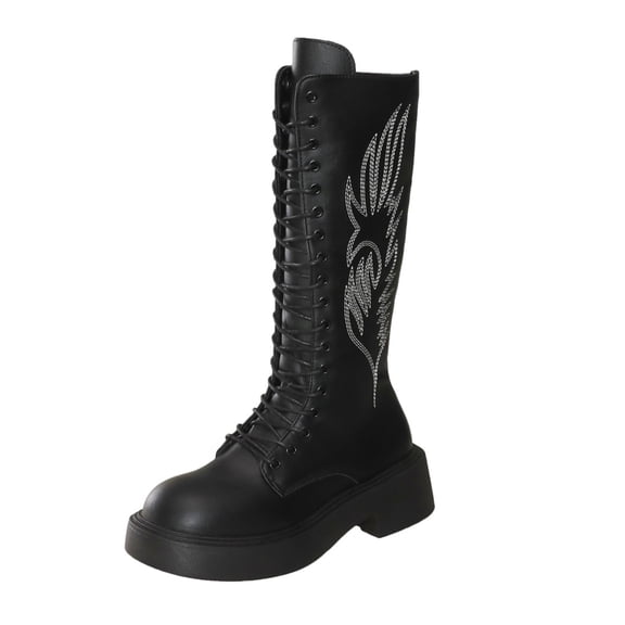 A-974 Black Ladies Fashionable Casual Solid Color Lace Up Round Toe Mid Heel Knee High Winter Boots For Women