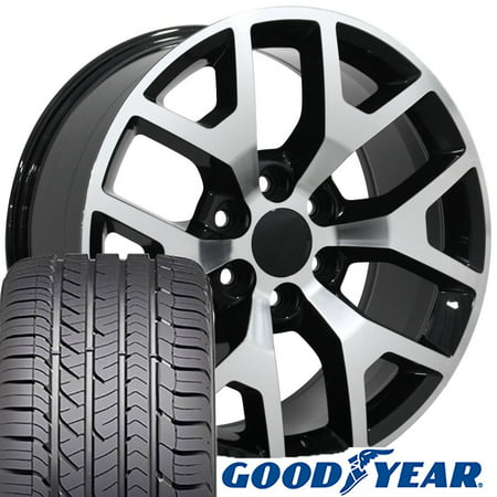 22x9 Wheels & Tires fit GM Trucks and SUVs - 6 Lug GMC Sierra Style Black Machined Rims and Goodyear Tires, Hollander 5656 -