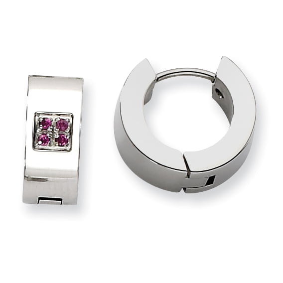 Stainless Steel Pink CZ Brushed & Polished Hinged Hoop Earrings SRE362