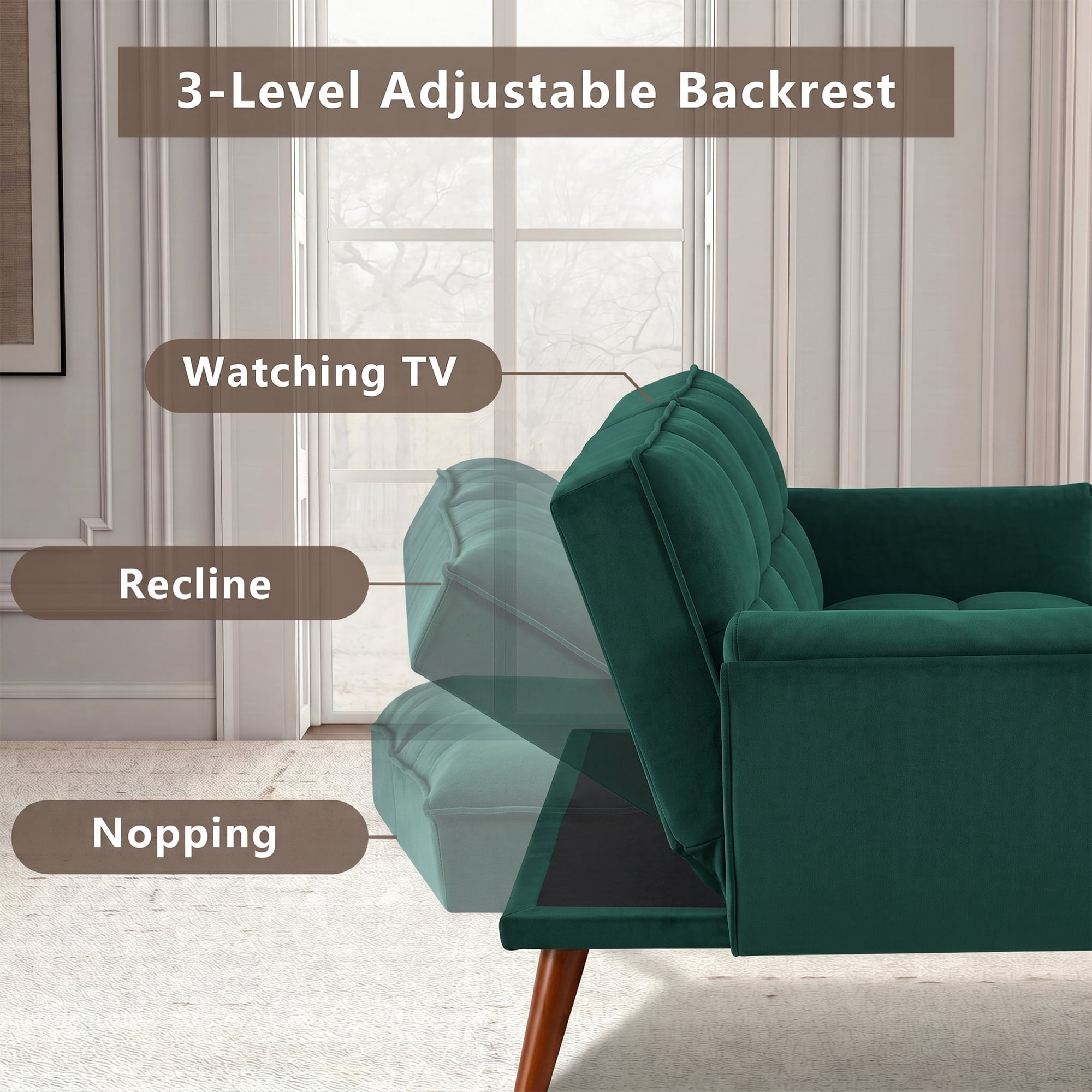 Aukfa 75" Pillow Top Arm Futon Convertible Sofa Bed, Tufted Loveseat Sleeper Couch for Home Office, Linen, Peacock Blue