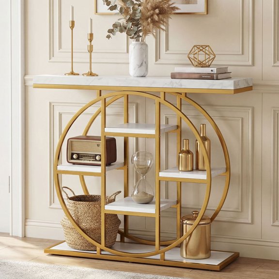 Console Table with 6 Open Shelves, Industrial White Marble Effect MDF and Steel Entryway Table for Living Room or Hallway, 39.4" W