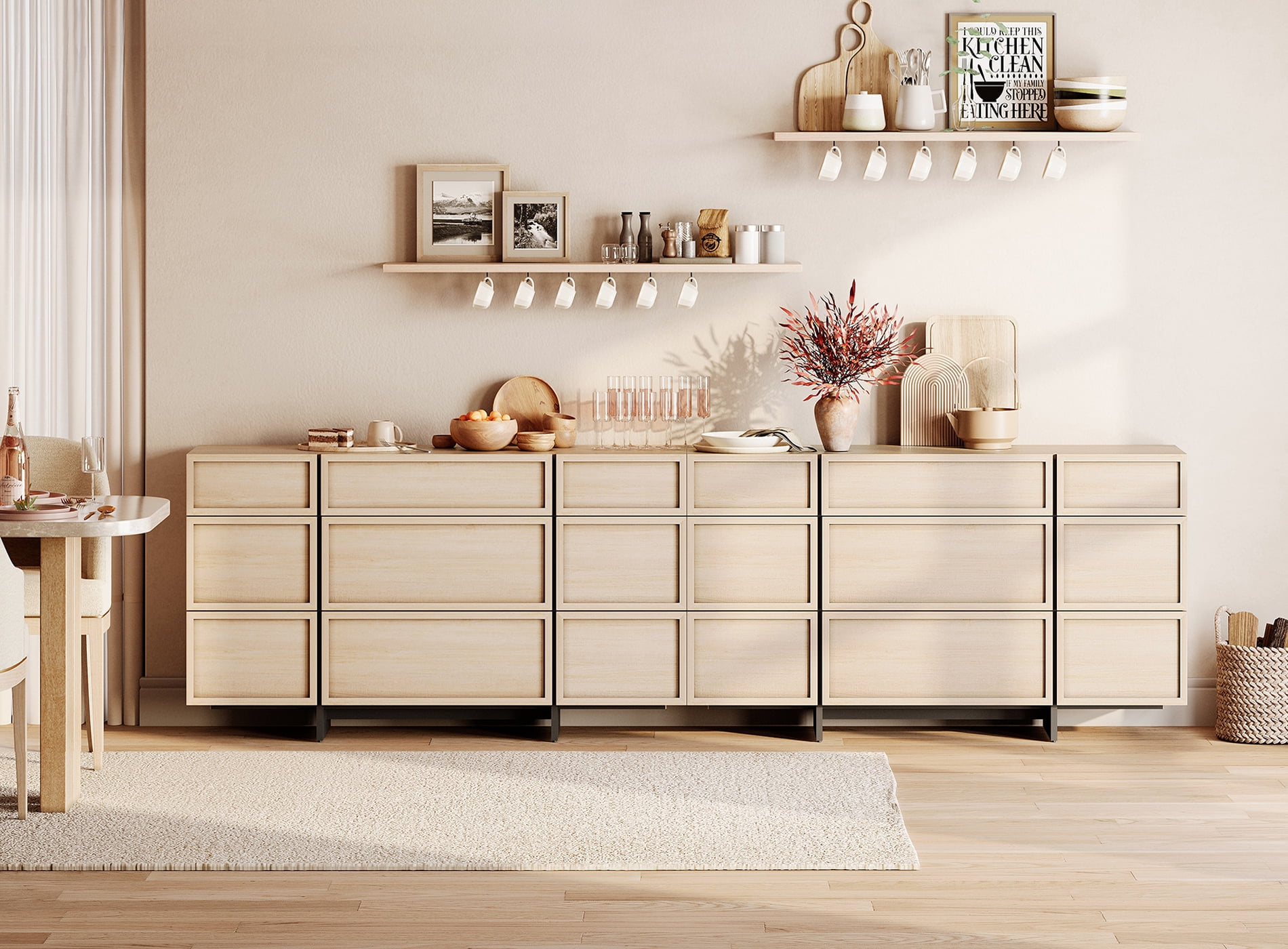 Modern Picture Frame Sideboard Buffet Cabinet with 18 Drawers and T-Shaped Wood Legs, Multifunctional Large Storage Coffee Bar Cabinet Organizer for Kitchen, Dining Room,Beige
