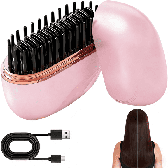 Mini Hair Straightener,Cordless&Rechargeable Portable Hair Straightener Brush with 3 Temperature Setting,Portable Electric Hair Brush 30s Heating,Mini Straightening Brush for Home & Travel (Pink)