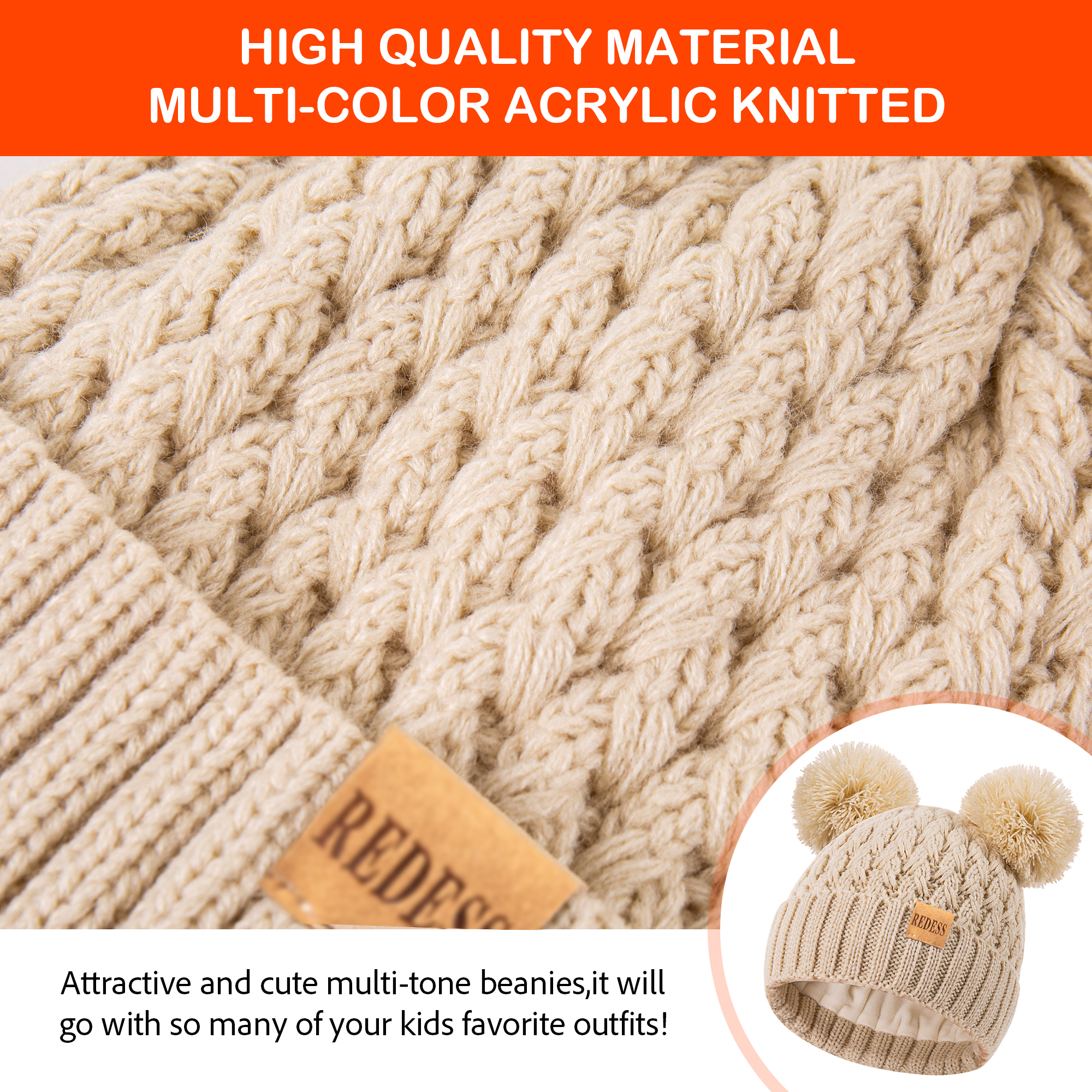 REDESS Toddler Winter Pom Pom Beanie, 2-Pack photo 4