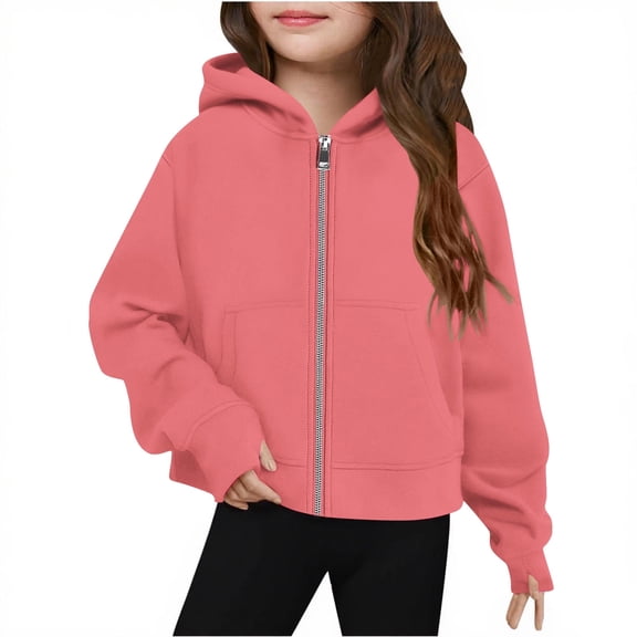 vdgthytj Girls Zip up Hoodies Kids Casual Long Sleeve Hooded Sweatshirt Fall Jacket with Thumb Hole 5-14 Years