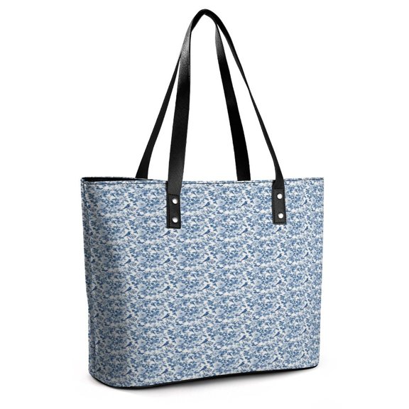 Blue And White Chinoiserie Flower Bird Woman Leather Handbags Large Tote Bag Fashion Portable Handbags With Zipper