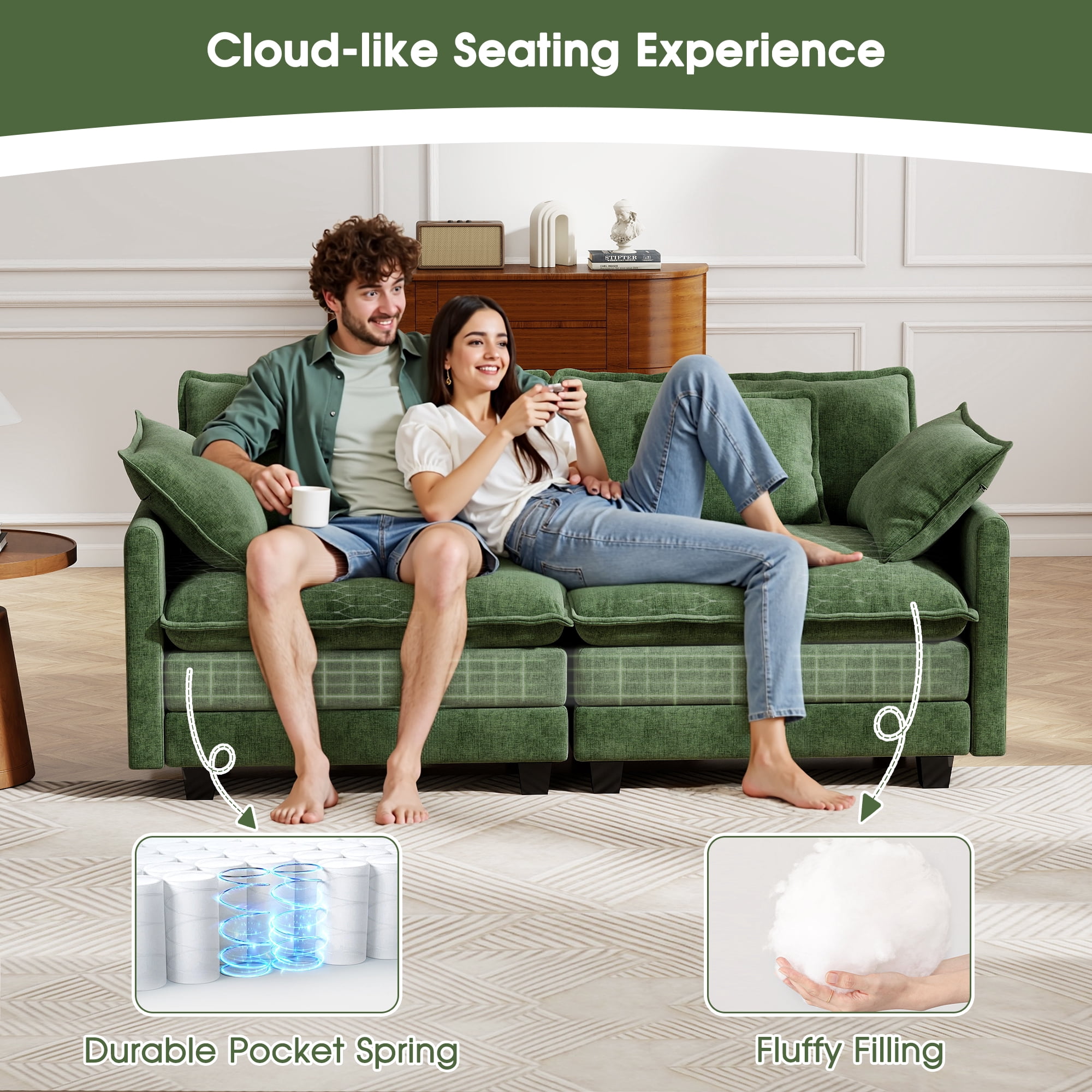 BedLuxury 76.7’’ Loveseat Sofa, Modern Chenille Sectional Sofa Cloud Couch for Living Room, Apartment, Office, 2-Seat, Green