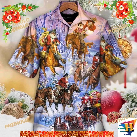 Christmas Santa And Horse Ho Ho Ho Everywhere Merry Xmas Hawaiian Shirt
