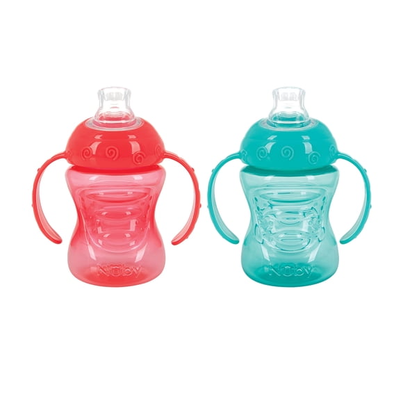 Nuby Plastic - Paquete de 2 vasos para sorber con dos asas y antiderrames, 8 oz, coral y aguamarina