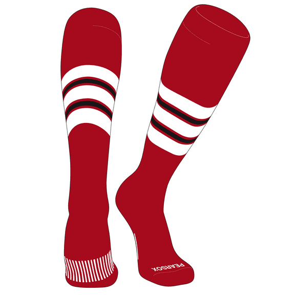 PEAR SOX Striped OTC Baseball, Softball, Football Socks (E) Red, White, Black (XS)