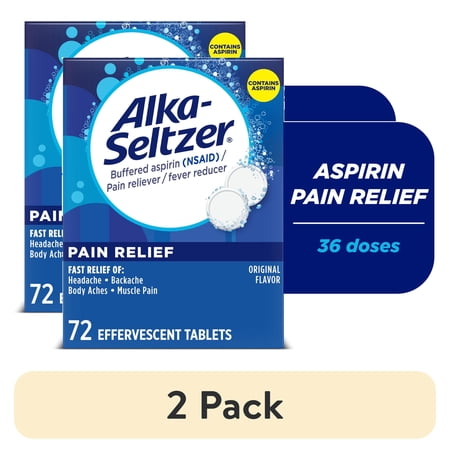 (2 pack) Alka-Seltzer Pain Relief, Aspirin Effervescent Tablets for Fast Pain Relief, Package May Vary 72 Ct