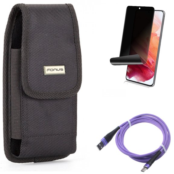 Privacy Screen Protector & 10ft USB Cable & Case Belt Clip for Samsung Galaxy S22 (6.1") - TPU Film Fingerprint Works & Purple Type-C & Swivel Holster Accessory Bundle