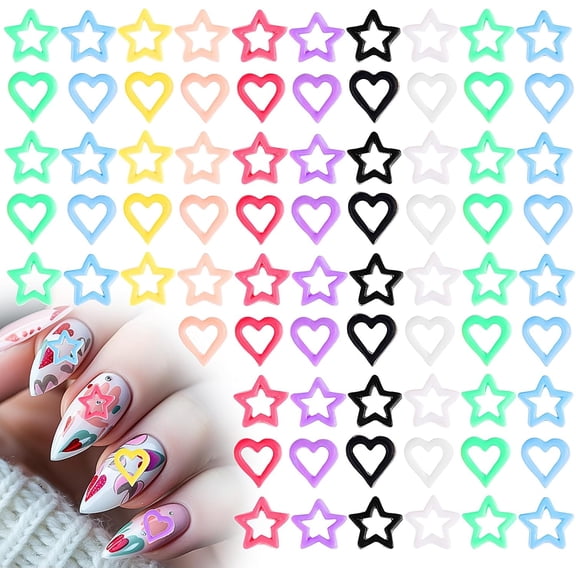 200PCS Heart Stars Nail Charms - 3D Mix Color Resin Nail Art Decorations