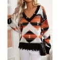thumbnail image 6 of Woman Western Aztecs Knit Sweater Long Sleeve Vintage Geometric Pullover V Neck Distressed Cropped Sweater Black S, 6 of 10