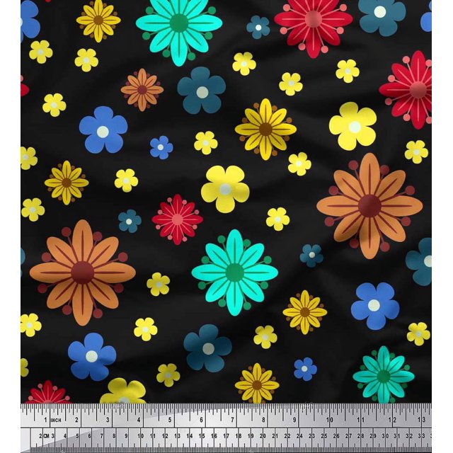 Soimoi Moss Georgette Fabric Colorful Flowers Clip Art Print Fabric by the Yard 42 Inch Wide