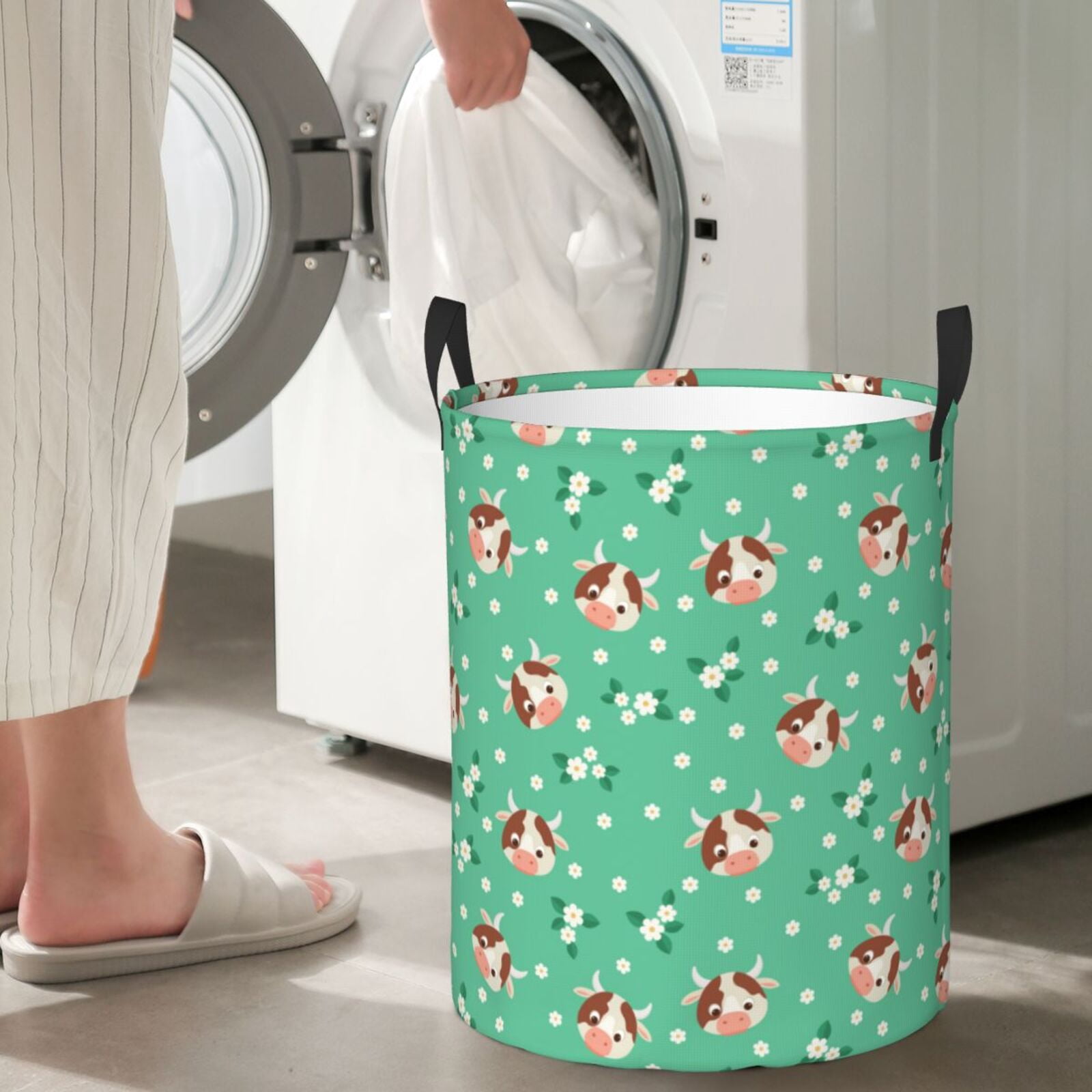 Large Laundry Basket with Handles - Cartoon Cute Cow Head Flower Kids Baby Dirty Clothes Laundry Hamper for Bedroom Aesthetic